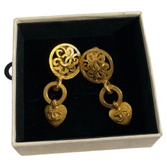 Chanel Antique Gold CC Heart Floral Dangle Clip On Earrings