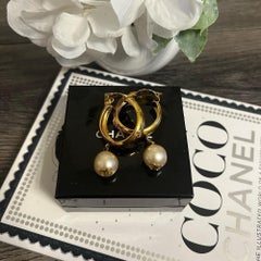 Chanel Vintage Gold CC Logo Faux Pearl Clip On Hoop Earrings