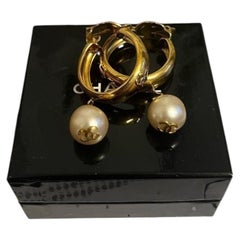Chanel Vintage Gold CC Logo Faux Pearl Clip On Hoop Earrings
