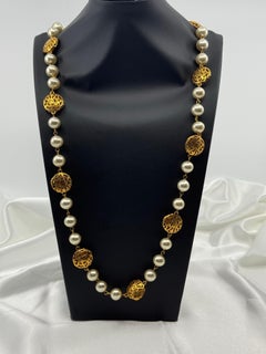 CHANEL Vintage Gold CC Logo Faux Pearl Long Station Necklace