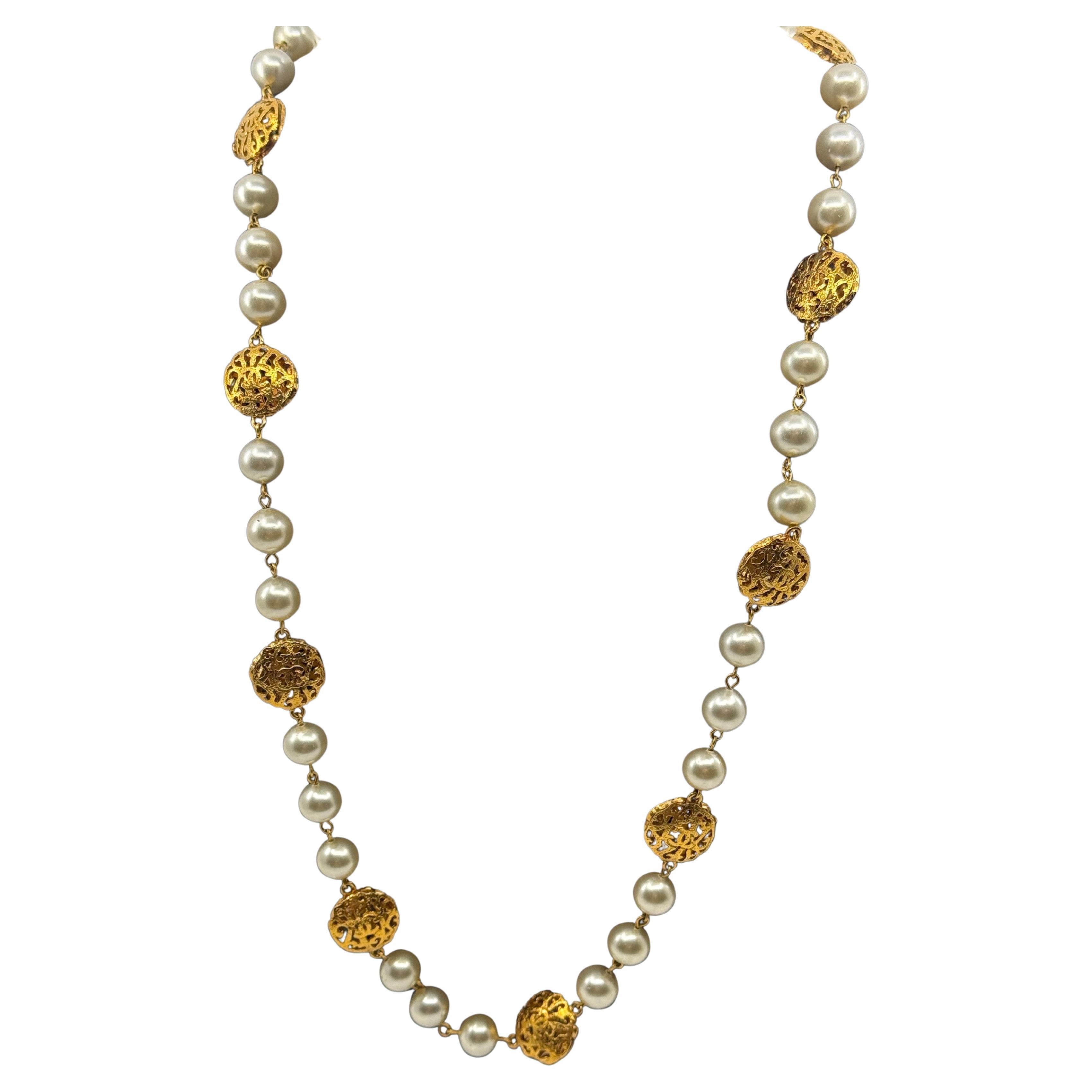 CHANEL Vintage Gold CC Logo Faux Pearl Long Station Necklace