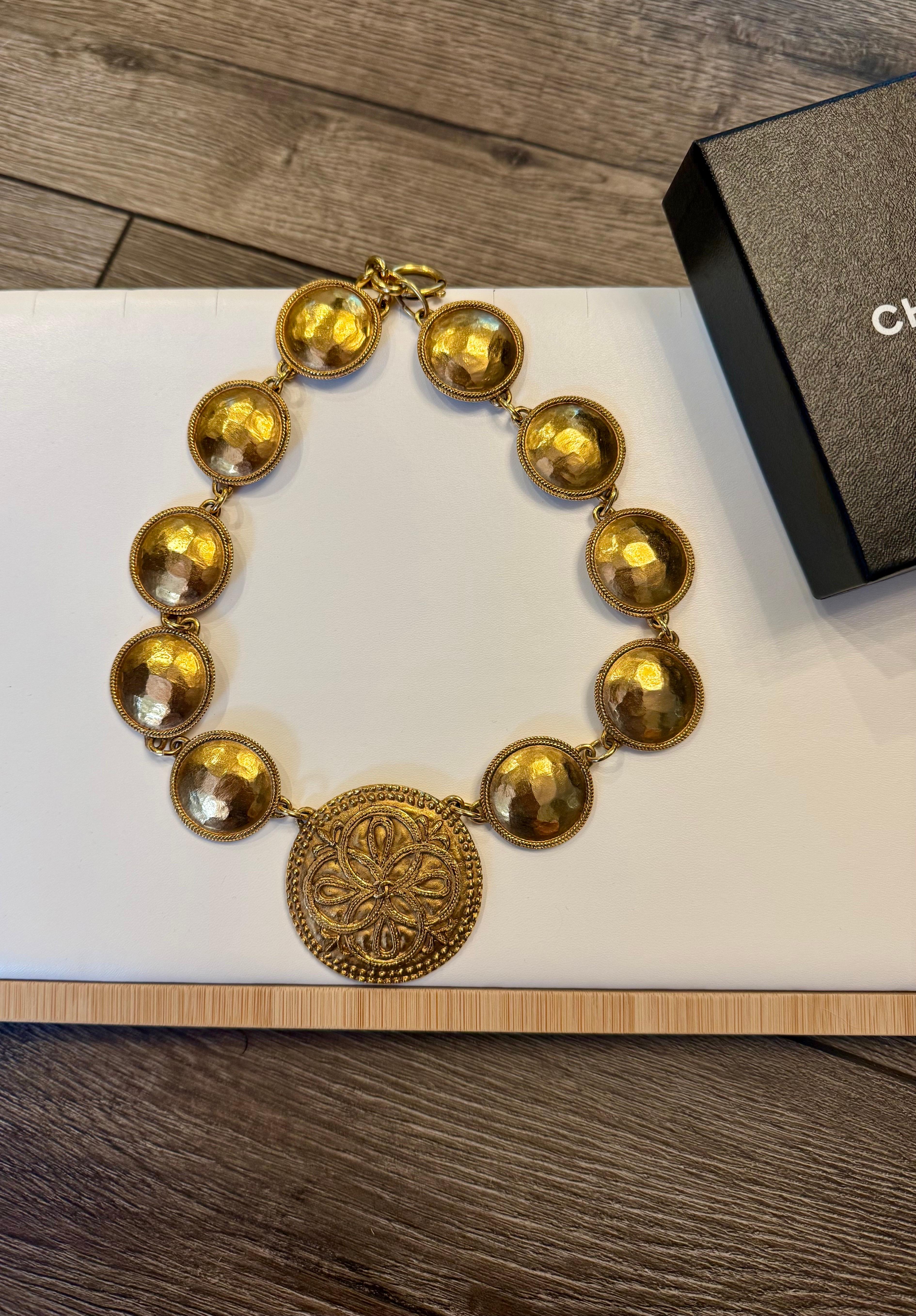 Chanel Vintage Gold CC Logo Flower Medallion Collar Statement Necklace For Sale 7
