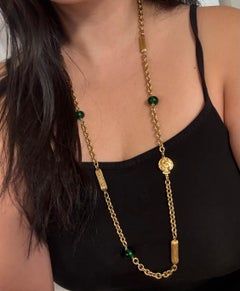CHANEL Vintage Gold CC Logo Green Gripoix Station Necklace