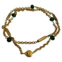 CHANEL Vintage Gold CC Logo Green Gripoix Station Necklace