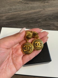 CHANEL Vintage Gold CC Logo Medallion Drop Earrings