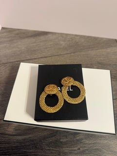 CHANEL Vintage Gold CC Logo Textured Hoop Clip On Earrings