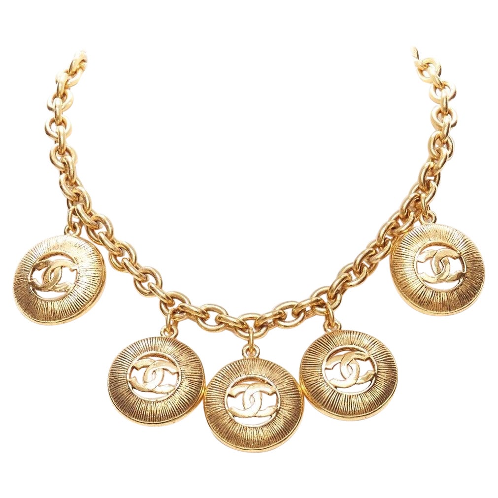 CHANEL Vintage gold CC medallion coin charm short chain necklace