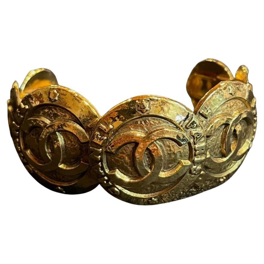 CHANEL Vintage Gold CC Medallion Cuff Statement Bracelet