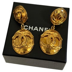 CHANEL Vintage Gold CC Medallion Drop Clip On Earrings