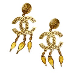 Chanel Vintage Gold CC Ornate Dangle Clip On Earrings (1995)