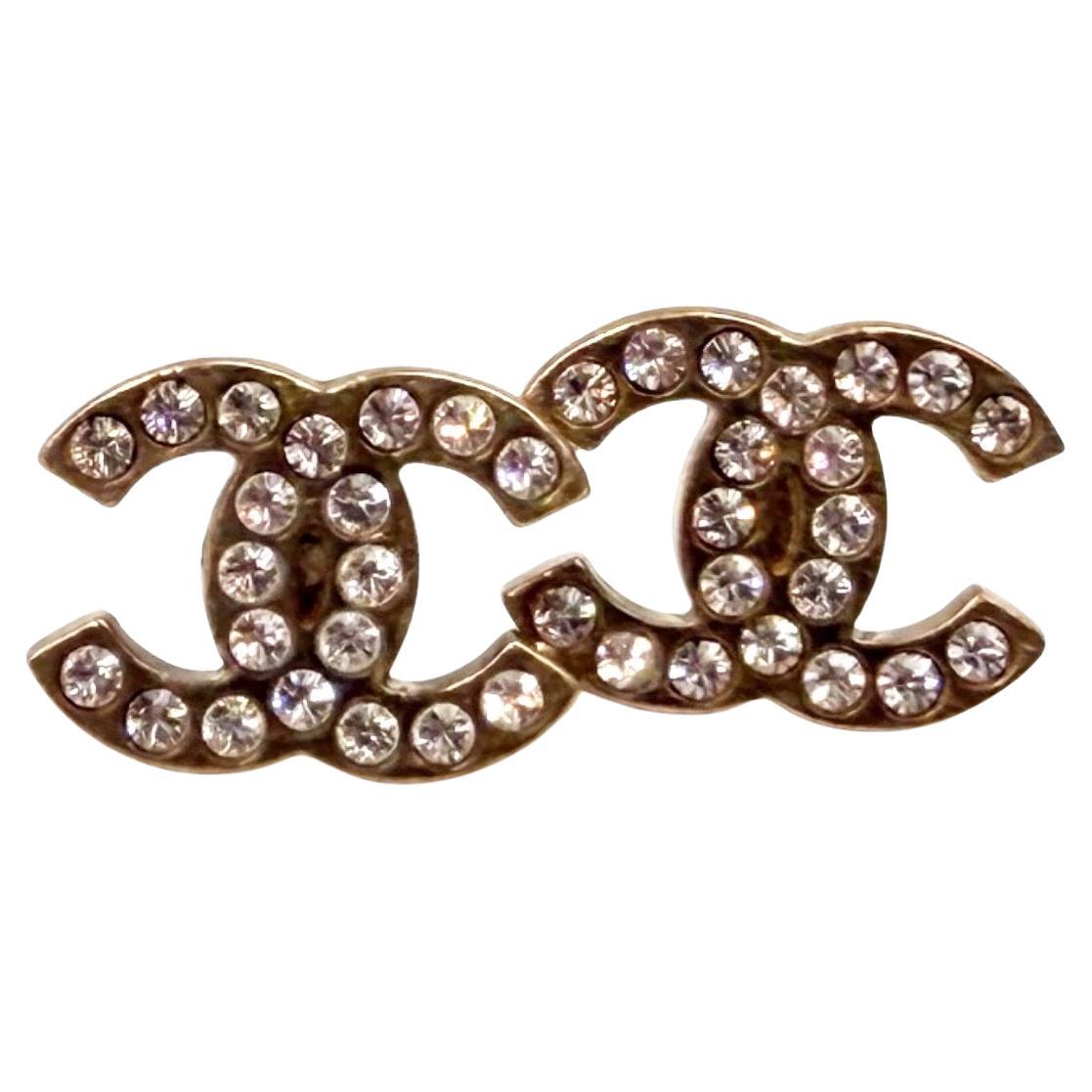 Chanel Vintage Gold CC Pale Pink Crystal Piercing Earrings For Sale