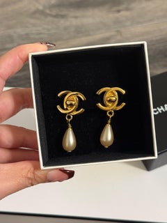 Chanel Vintage Gold CC Turn Lock Pearl Dangle Clip On Earrings
