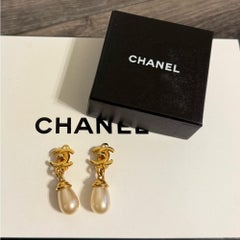 Chanel Vintage Gold CC Turnlock Faux Pearl Dangle Clip On Earrings, 1997