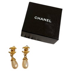 Chanel Vintage Gold CC Turnlock Faux Pearl Dangle Clip On Earrings, 1997
