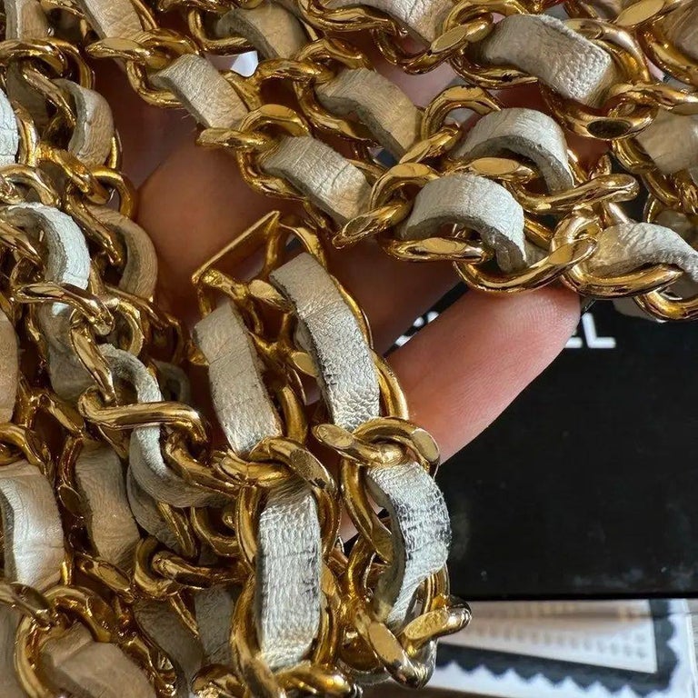 CHANEL Vintage Gold CC White Leather Chain Belt For Sale at  display picture 1
