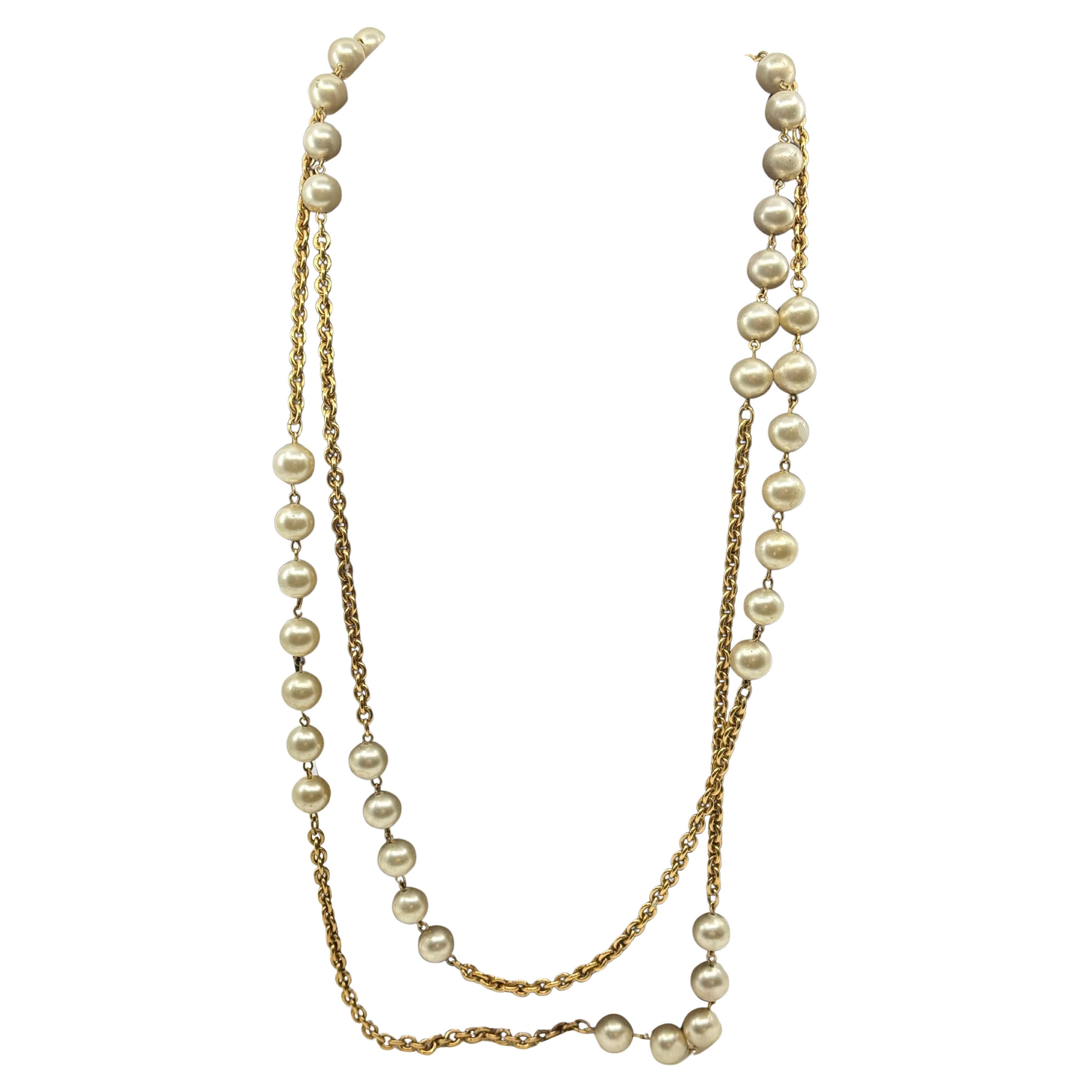 Chanel Vintage Gold Chain and Pearl Double Strand Long Necklace For Sale