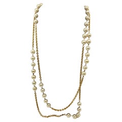 Chanel Vintage Gold Chain and Pearl Double Strand Long Necklace