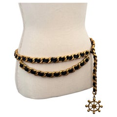 CHANEL Vintage Gold Chain Belt with Black Leather and CC Nautical Wheel Charm
