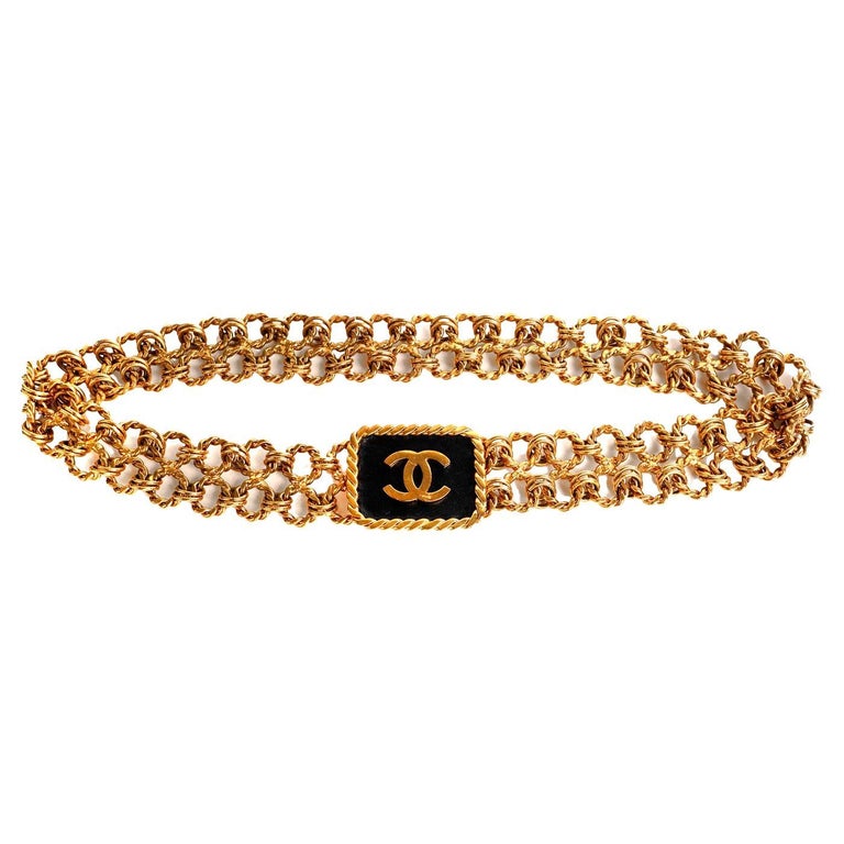 Chanel Vintage Gold Chain Belt with Black Leather Buckle