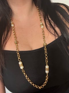 Chanel Vintage Gold Chain CC Faux Pearl Long Necklace