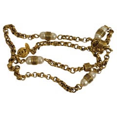 Chanel Vintage Gold Chain CC Faux Pearl Long Necklace