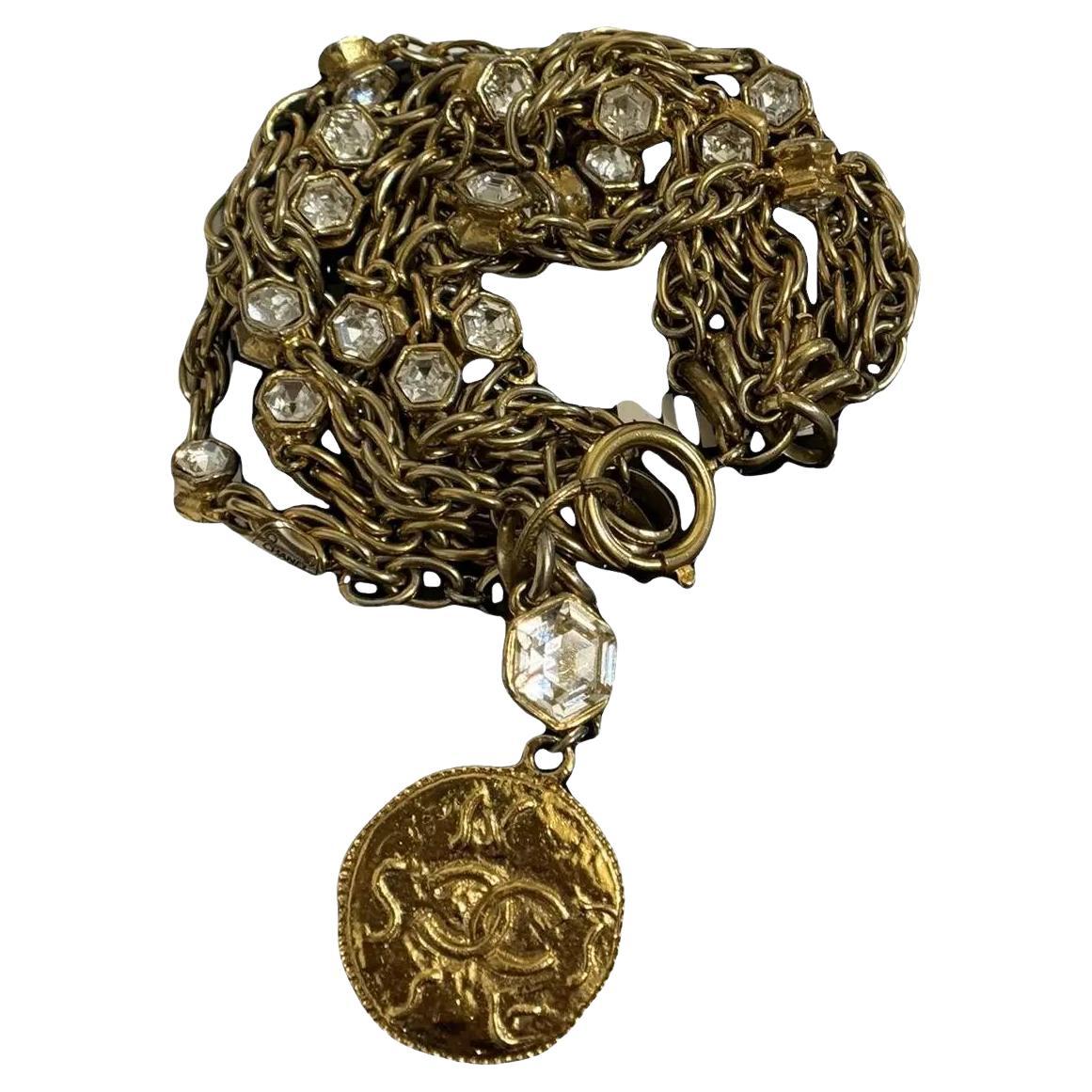 CHANEL Vintage Gold Chain Crystal Accents CC Coin Charm Bracelet For Sale