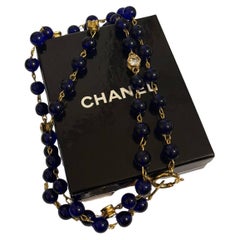 CHANEL Vintage Gold Chain Crystal Blue Beads Long Necklace
