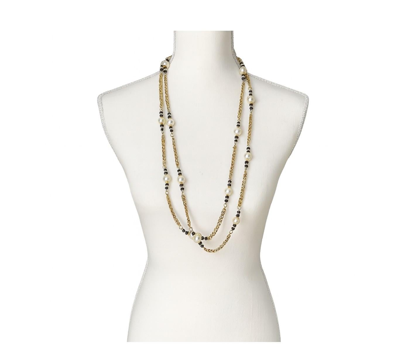 CHANEL Vintage Gold Chain Faux Pearl Crystals Black Beads Station Necklace