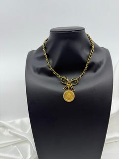 Chanel Vintage Gold Chain Leather & Crystal Bow Collar Necklace