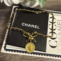 Chanel Vintage Gold Chain Leather & Crystal Bow Collar Necklace