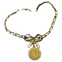 Chanel Vintage Gold Chain Leather & Crystal Bow Collar Necklace