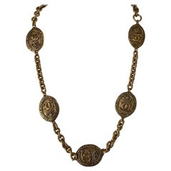 CHANEL Vintage Gold "CHANEL" CC Crown Logo Medallion Station Necklace