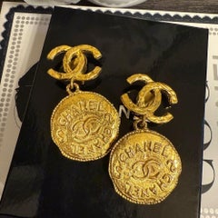 Chanel Vintage Gold Coin CC Large Dangle Clip On Earrings
