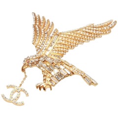 Chanel Vintage Gold Crystal Eagle Dangle CC Brooch