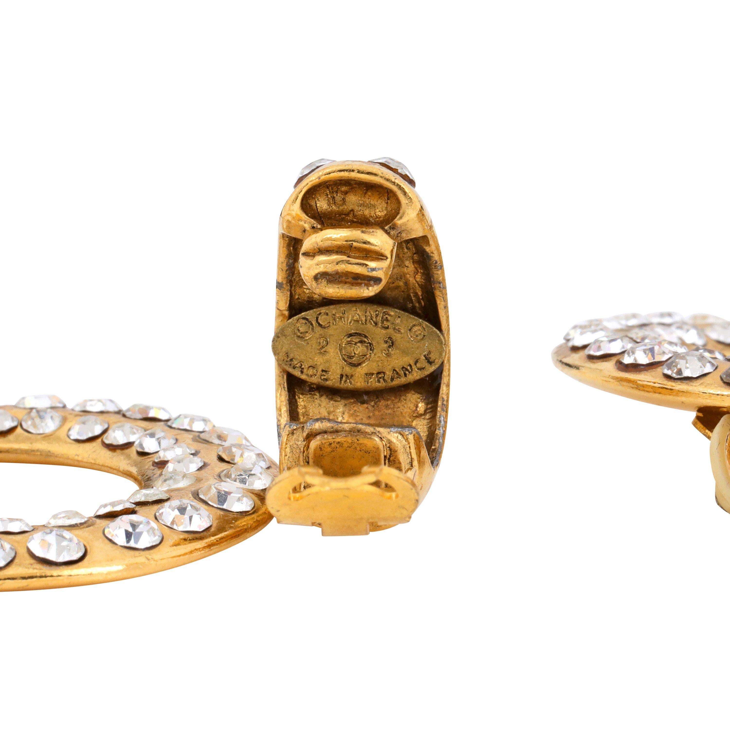 Women's or Men's Chanel Vintage Gold Crystal Huggie Hoops For Sale