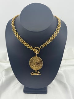 Chanel Vintage Gold Double Strand CC Horse Medallion Pendant Necklace