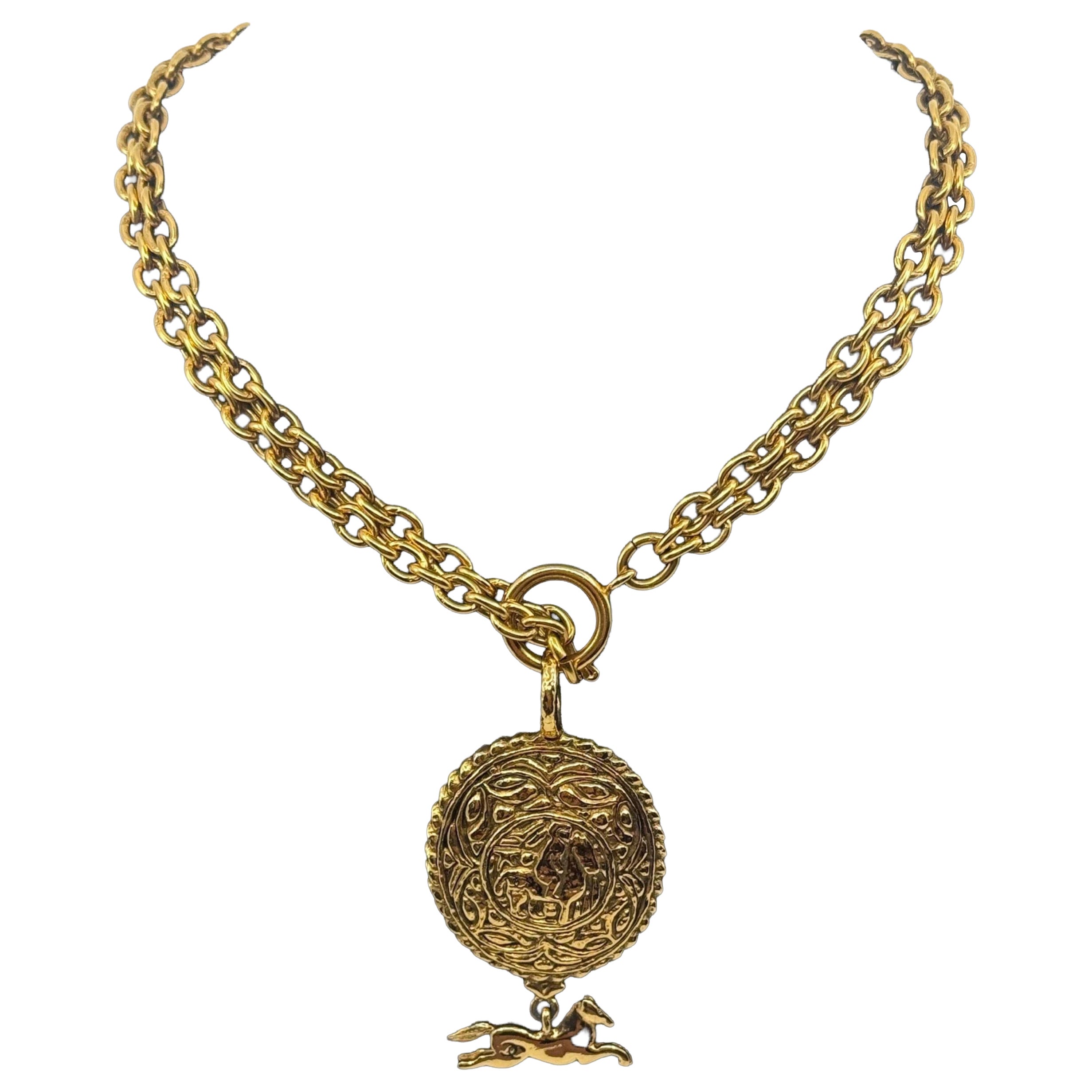 Chanel Vintage Gold Double Strand CC Horse Medallion Pendant Necklace
