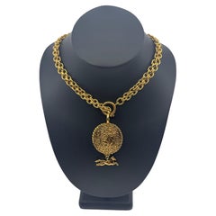 Chanel Vintage Gold Double Strand CC Horse Medallion Pendant Necklace