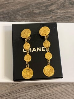 CHANEL Vintage Gold Drop CC Coin Dangle Clip On Earrings