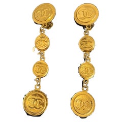 CHANEL Vintage Gold Drop CC Coin Dangle Clip On Earrings