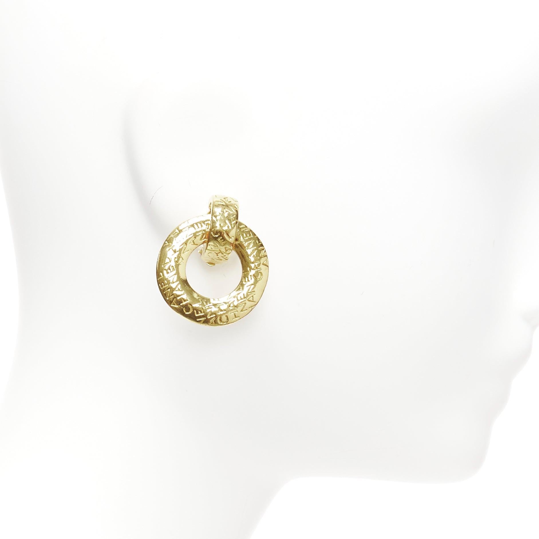 Women's CHANEL Vintage gold etched CC logo monogram drop ring oversized clip on earrings