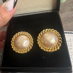 Chanel Vintage Gold Faux Pearl Clip On Earrings