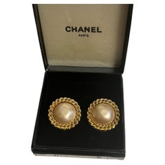 Chanel Vintage Gold Faux Pearl Clip On Earrings