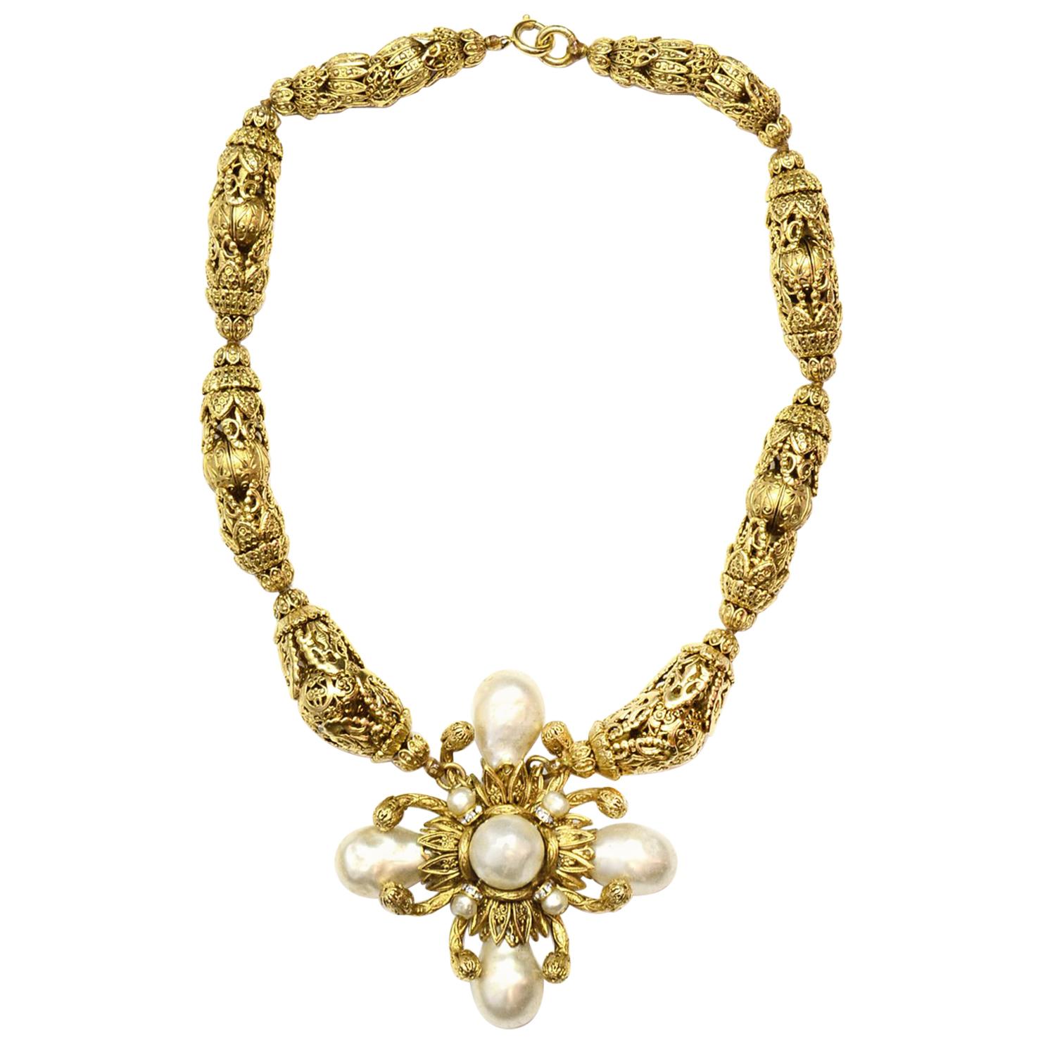 Chanel Vintage Gold Filigree Necklace W/ Faux Pearl Cross 
