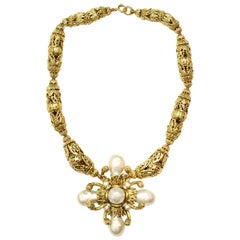 Chanel Vintage Gold Filigree Necklace W/ Faux Pearl Cross