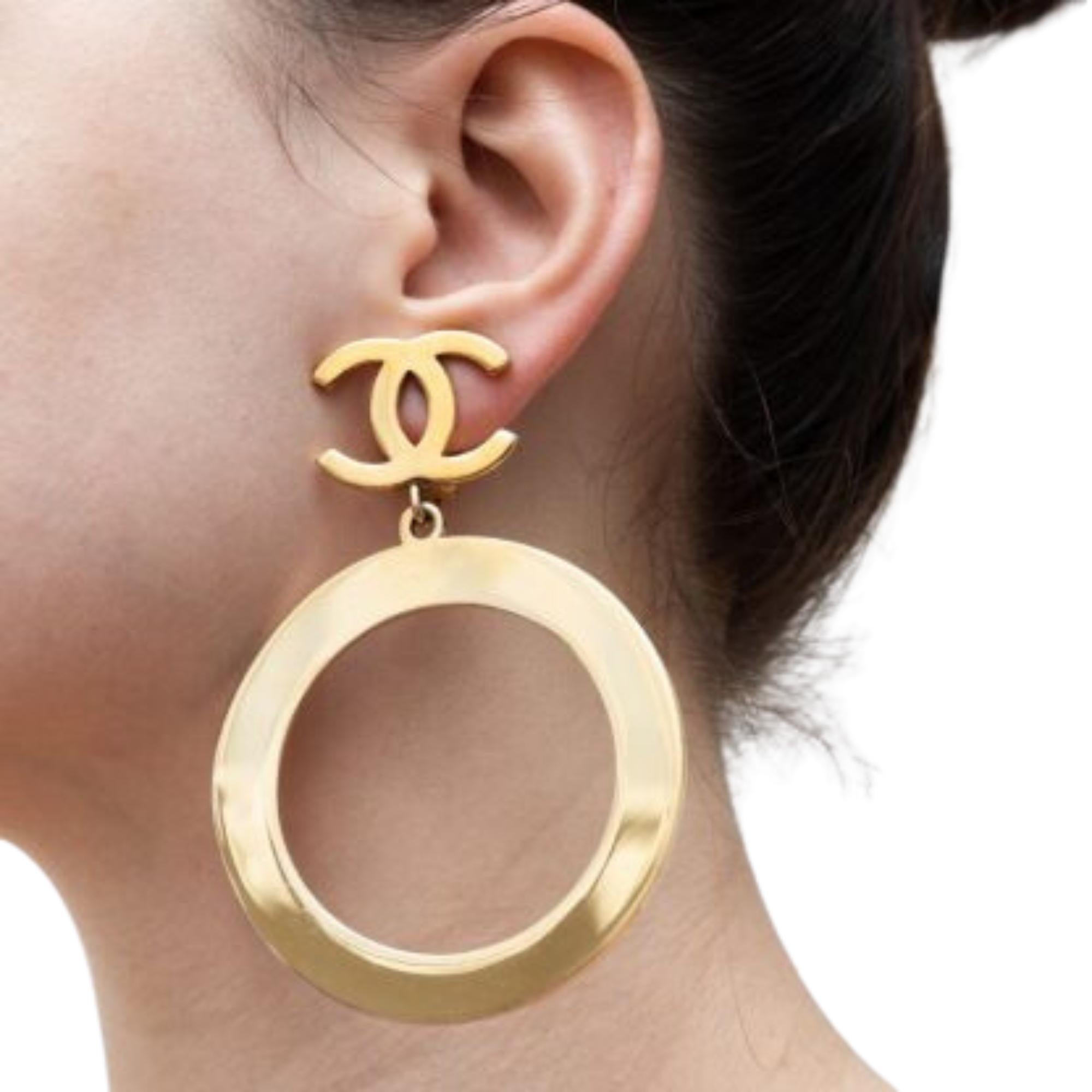 Chanel Vintage Gold Hoop CC Drop Earrings For Sale 6