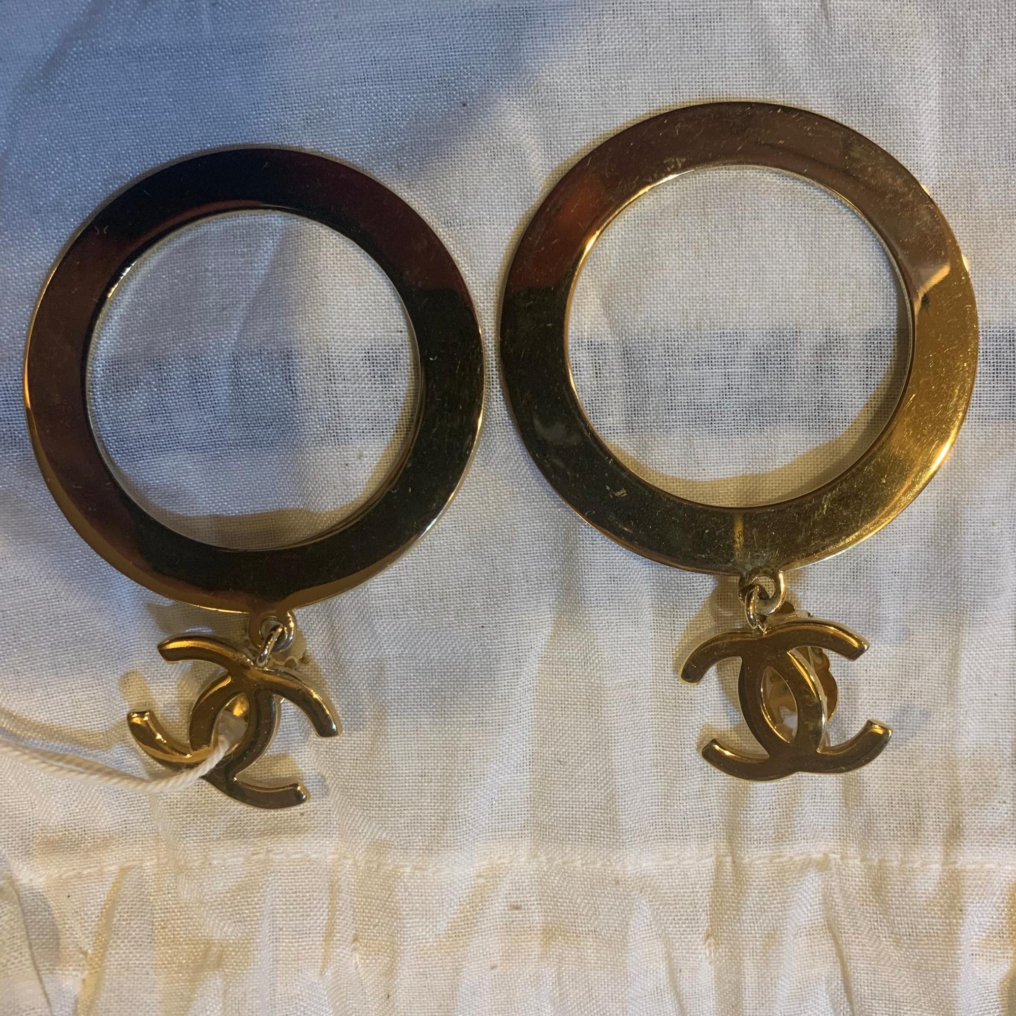 Chanel Vintage Gold Hoop CC Drop Earrings For Sale 1