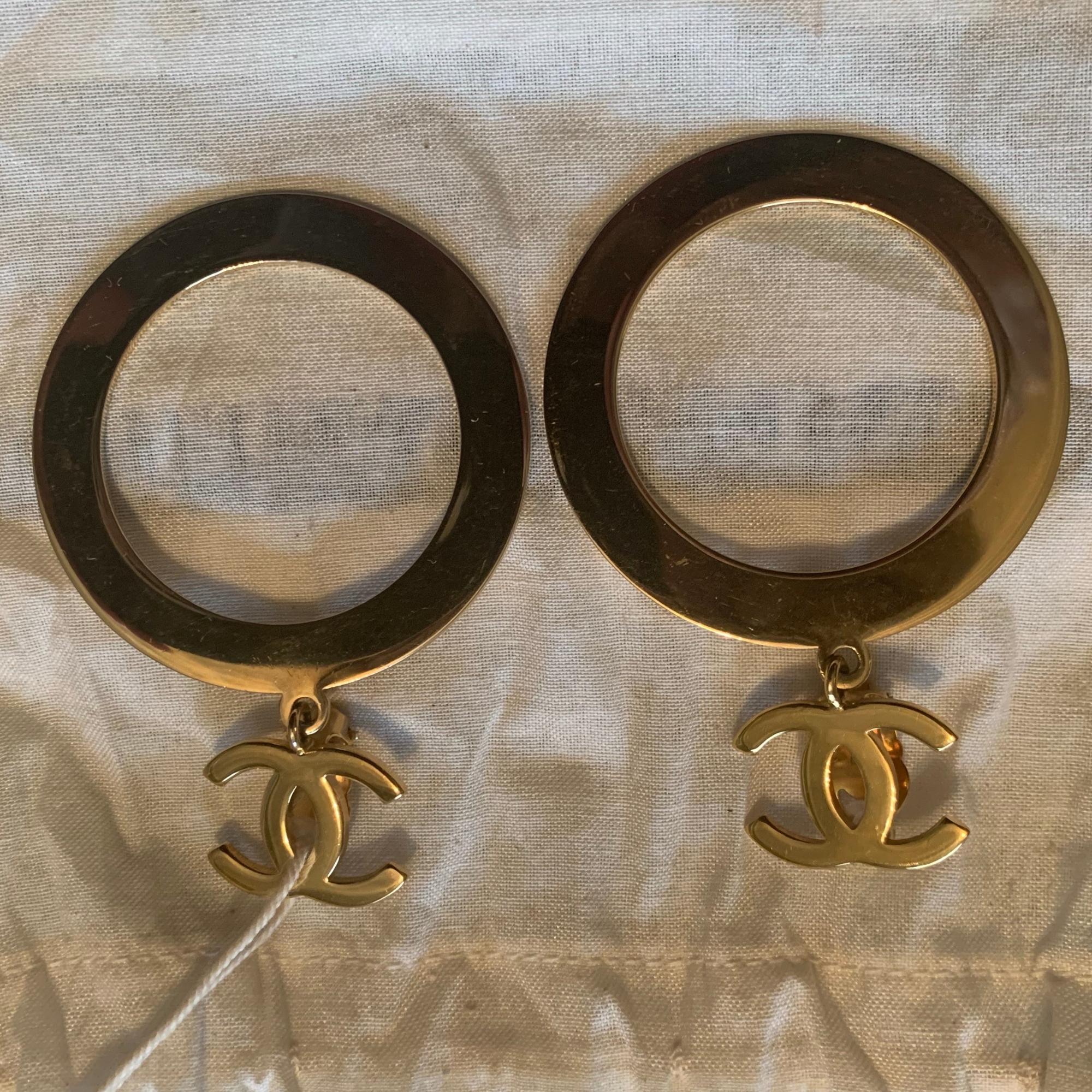 Chanel Vintage Gold Hoop CC Drop Earrings For Sale 2