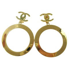 Chanel Vintage Gold Hoop CC Drop Earrings
