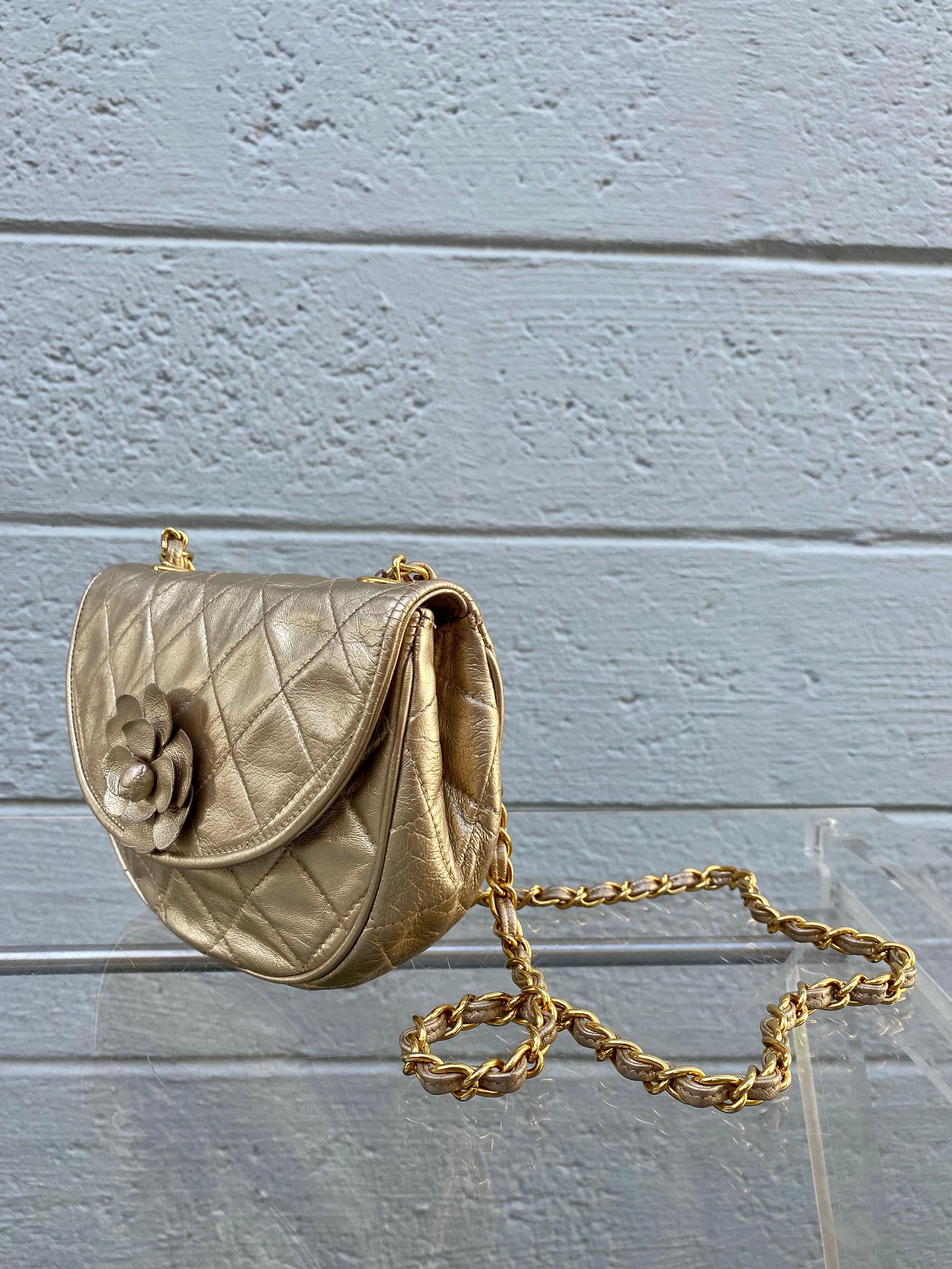 Chanel Vintage Mini Gold Camelia Lambskin Flap Crossbody Bag 2